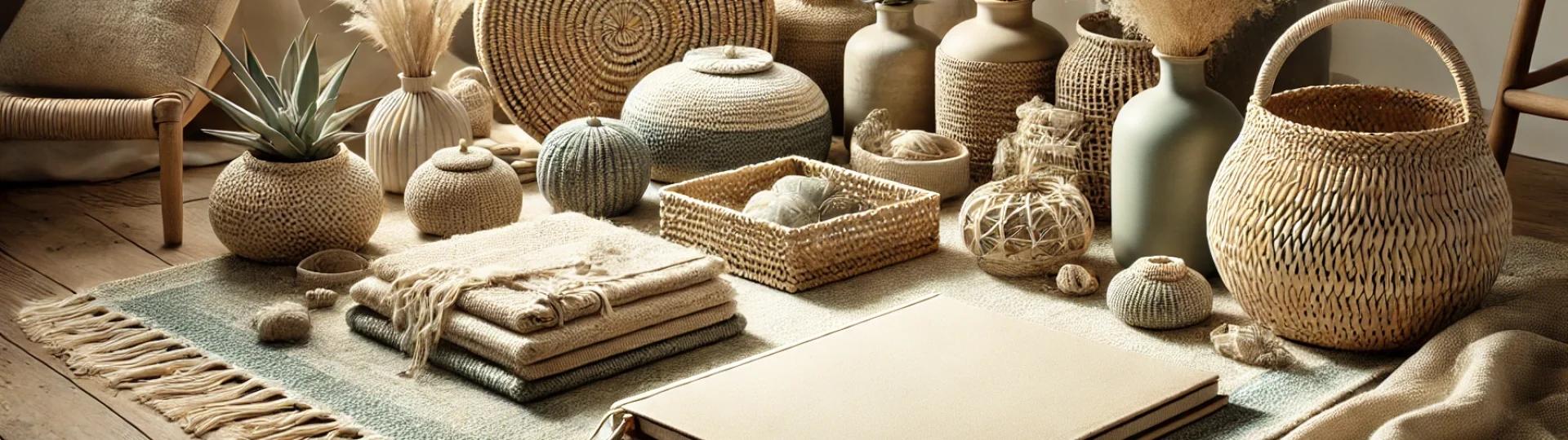 DALL·E 2024-11-27 23.15.38 - A beautifully styled cover photo showcasing seagrass products arranged artistically in a natural setting. The products include woven baskets, rugs, an